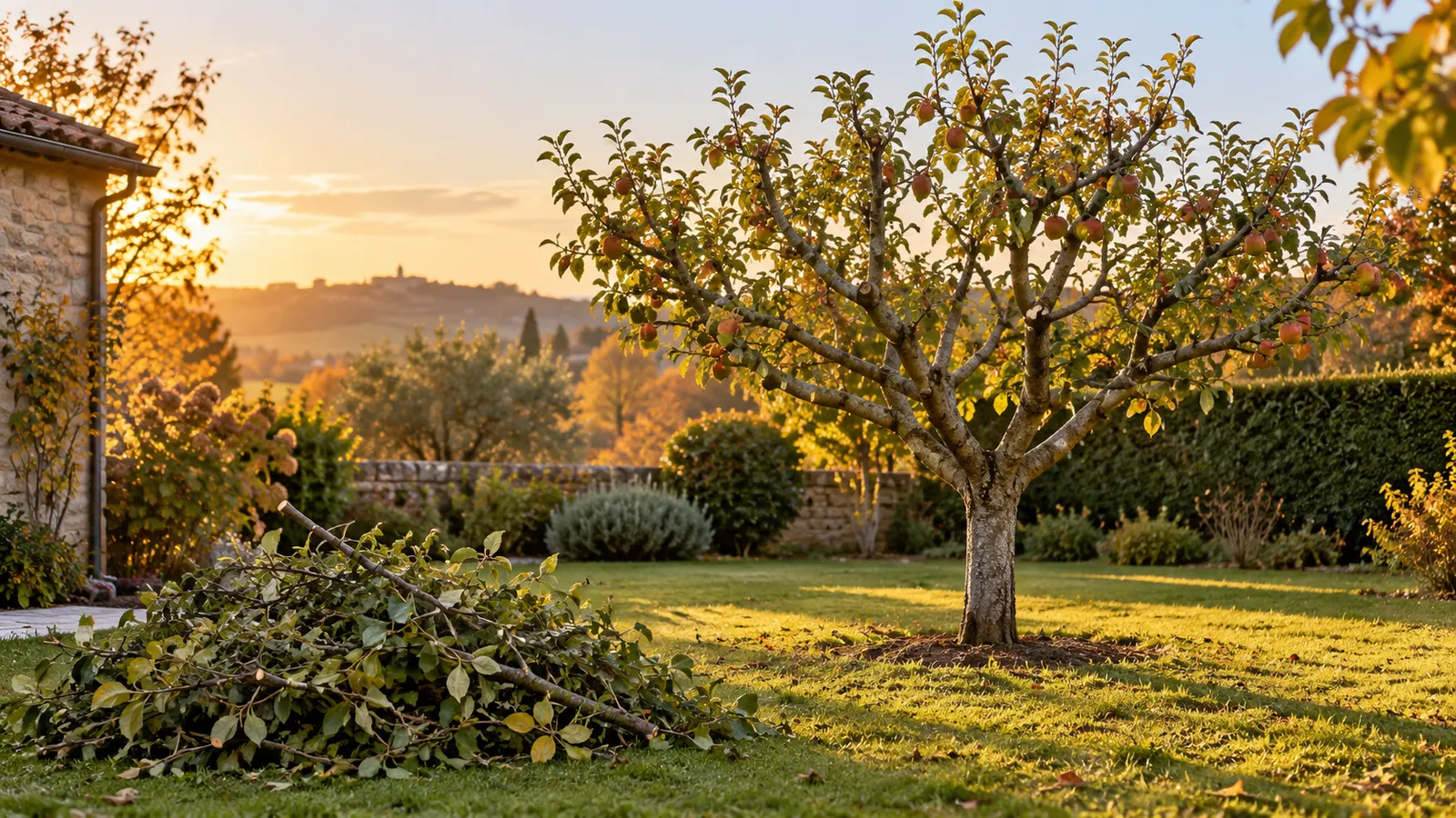 Arbre fruitier taillé dans un jardin après l’intervention d’un élagueur